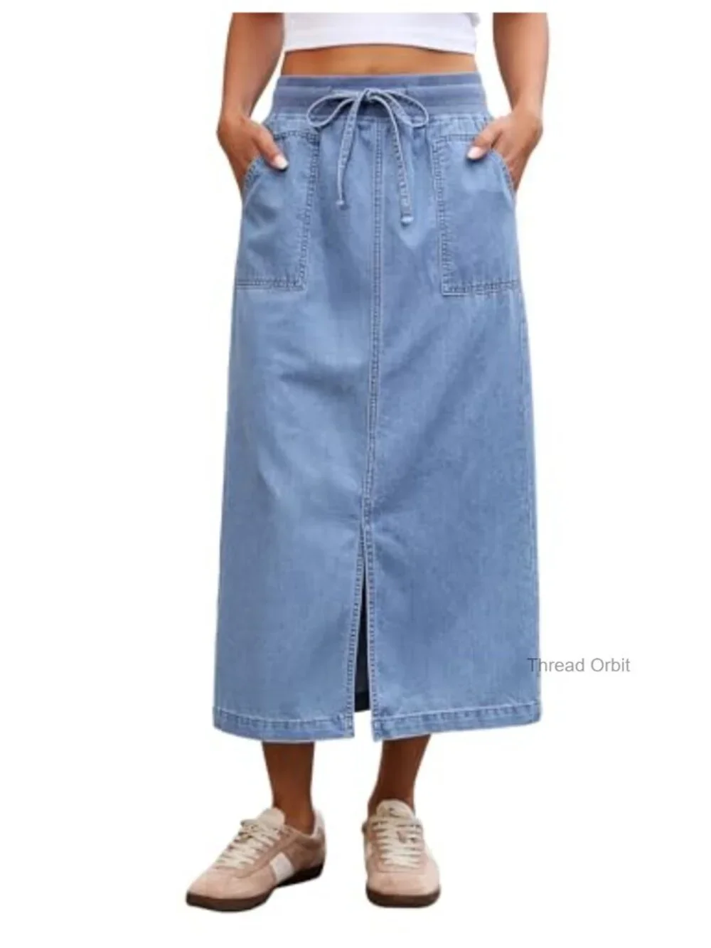 High Waisted Midi Denim Skirt with Pockets and Front Slit